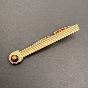 Vintage Swank Tie Bar Clip Textured Gold Tone Brown Tigers Eye Stone 2.25"